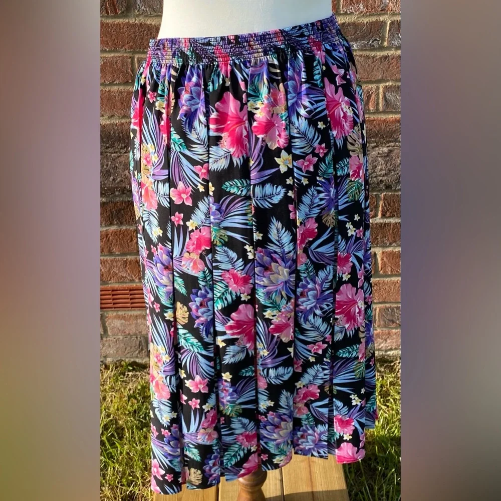 Vintage Floral Print Pleated Skirt Knee Length Midi Tropical Print Size M - Picture 3 of 7